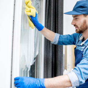 Ein Mitarbeiter reinigt Glasflächen bei der Baureinigung auch vom Gerüst aus