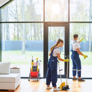 2 Reinigungskräfte bei der Reinigung der Giebelverglasung innen und außen