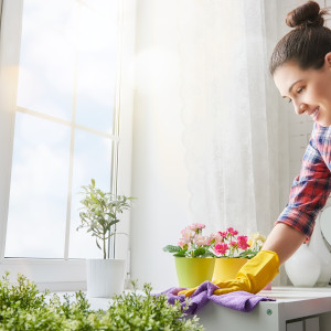 Eine Mitarbeiterin wischt Staub