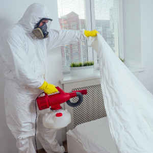 Eine Reinigungskraft desinfiziert nach der Spezialreinigung nochmals Flächen